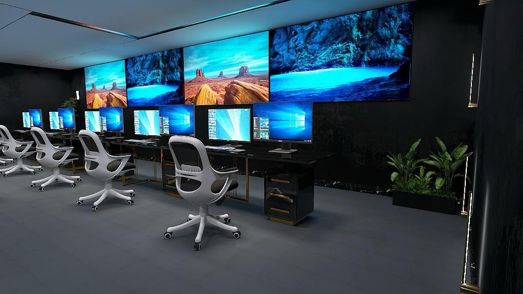 Network operation center with large monitoring screens